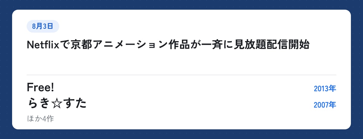 8月3日:Netflixで京都アニメーション作品が一斉に見放題配信開始。Free!(2013年)、らき☆すた(2007年)ほか4作