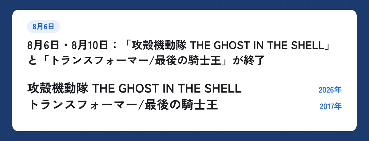 8月6日・8月10日:「攻殻機動隊 THE GHOST IN THE SHELL」と「トランスフォーマー/最後の騎士王」が終了。攻殻機動隊 THE GHOST IN THE SHELL(2026年)、トランスフォーマー/最後の騎士王(2017年)