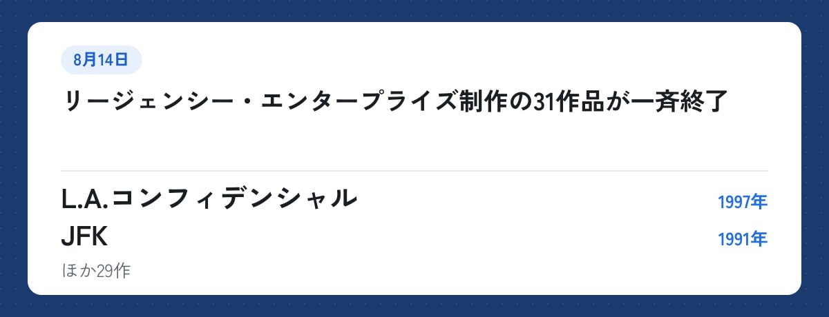 8月14日:リージェンシー・エンタープライズ制作の31作品が一斉終了。L.A.コンフィデンシャル(1997年)、JFK(1991年)ほか29作
