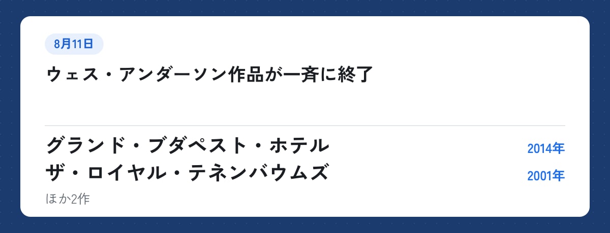 8月11日:ウェス・アンダーソン作品が一斉に終了。グランド・ブダペスト・ホテル(2014年)、ザ・ロイヤル・テネンバウムズ(2001年)ほか2作