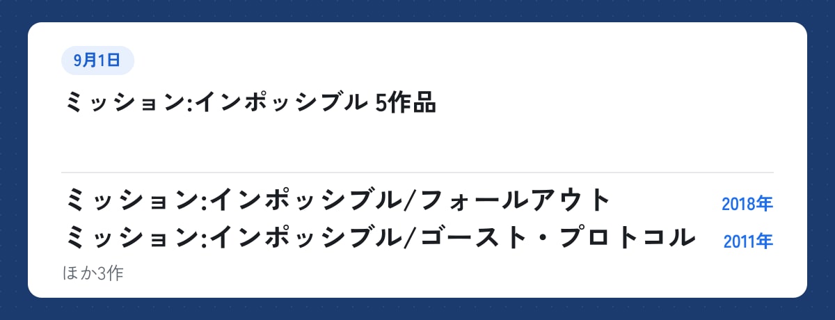 ミッション:インポッシブル 5作品。ミッション:インポッシブル/フォールアウト(2018年)、ミッション:インポッシブル/ゴースト・プロトコル(2011年)ほか3作